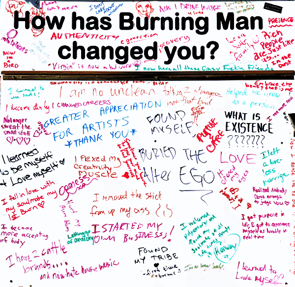 Burning Man reflection board filled with handwritten responses