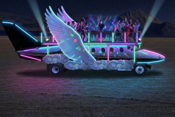 Litachok art car at night with people around it